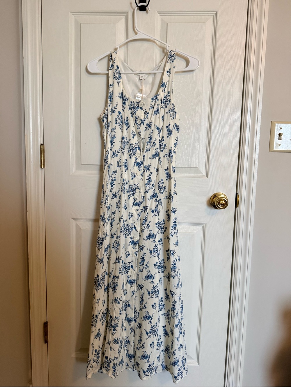 Women's White Button Down Floral Maxi Dress with Blue Print
